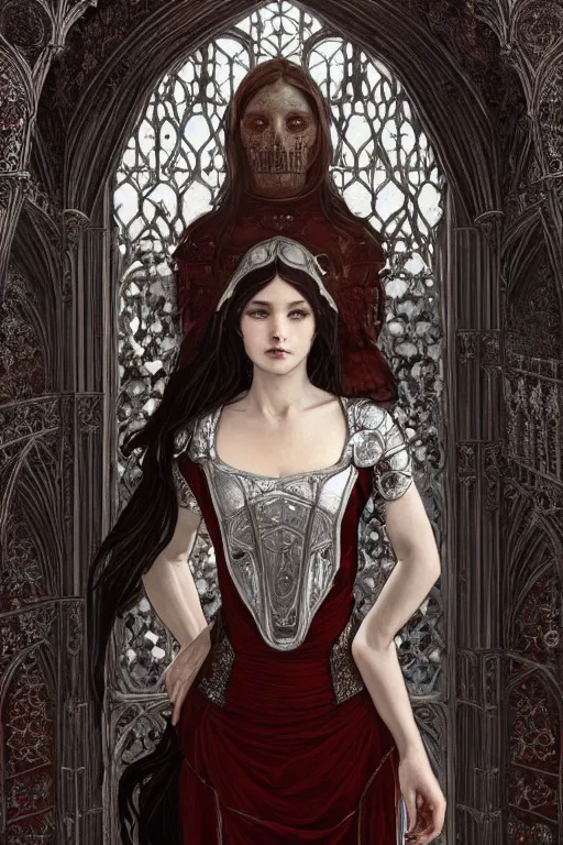 Image similar to beautiful luxury and elite and victorian and holy medieval female red and white silver mirror color armor knight portrait+smoky eyes+light flowing brown hair, in ruin gothic cathedral, ultradetail face, art and illustration by tian zi and craig mullins and WLOP and alphonse mucha, fantasy, intricate complexity, human structure, fantasy world concept, watermark, blurry, hyperrealism 8k