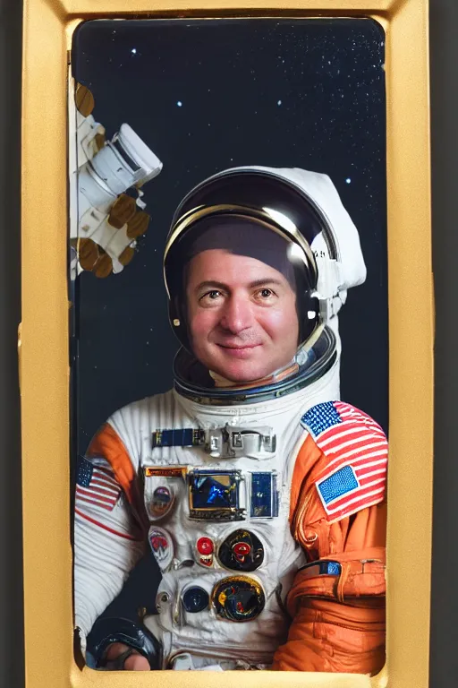 Image similar to extremely detailed studio portrait of space astronaut, holds a smart phone in one hand, phone!! held up to visor, reflection of phone in visor, moon, extreme close shot, soft light, golden glow, award winning photo by diane arbus