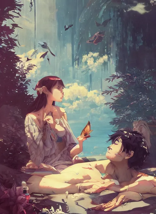 Prompt: beautiful fantasy painting scene of anime chill summer day, by Kenne Gregoire, James Jean, Tran Nguyen, WLOP, Jakub Rebelka. trending on Artstation, 8k, masterpiece, graffiti paint, fine detail, full of color, intricate detail, golden ratio illustration