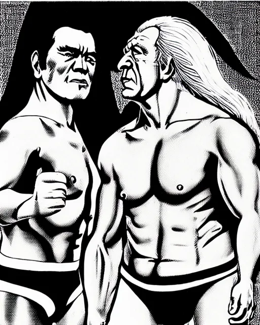 Image similar to incredible realistic antonio inoki vs ric flair, ( hyperreal detailed facial features and uv lighting, art by ed roth and basil wolverton )