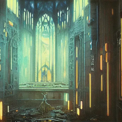 Prompt: detailed painting of bladerunner interior room with celestial ephemeral ornaments and gothic architecture, artstation, beksinski, cinematic