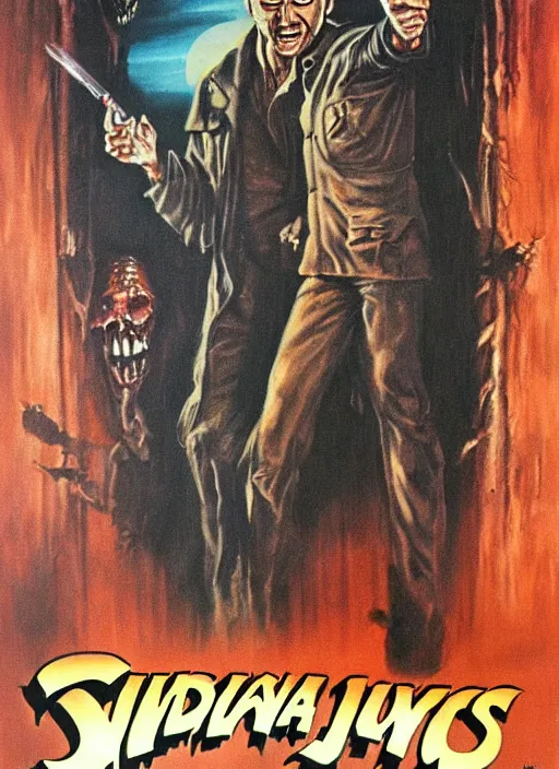 Image similar to creepy horror 1 9 8 6 poster for indiana jones. oil on canvas. print.