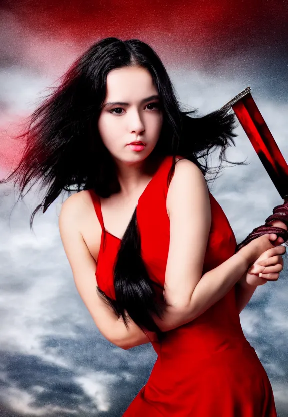 Prompt: a beautiful fierce black haired woman wearing red dress wielding black blade posing heroically, heavenly moonlit clouds background, close up shot