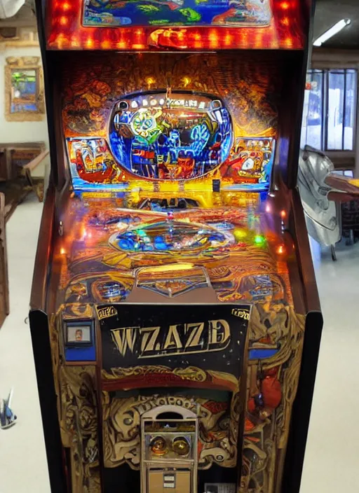 Image similar to a wide complex fancy wooden pinball machine that has fancy artwork inside with lights and pinball bumpers, wizard themed, front-view, disir photo