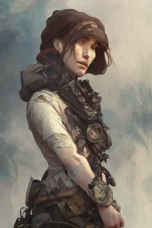 Prompt: A full portrait of a beautiful post apocalyptic offworld medic, intricate, elegant, highly detailed, digital painting, artstation, concept art, smooth, sharp focus, illustration, art by Krenz Cushart and Artem Demura and alphonse mucha