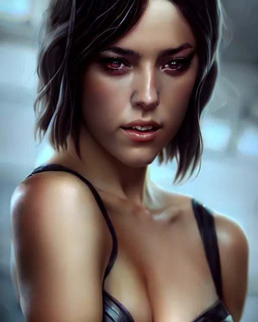 Image similar to photo of chloe bennett, film still, dslr, by greg rutkowski, enoch bolles, ross tran, artgerm, wlop glossy skin, pearlescent, very coherent, cute