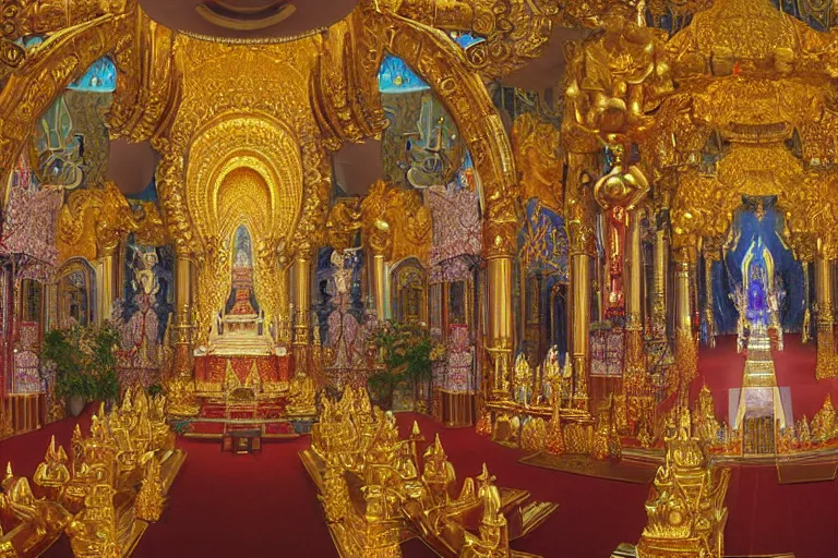 Prompt: megachurch Thai Buddhist temple, cavernous interior wide shot, ornate gold, dark rich colors, concept artwork by Thomas Cole and Tim Hildebrandt and Greg Rudkowski