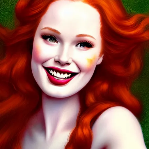 Image similar to beautiful Madelaine Petsch poison ivy DC comics taking a selfie, evil smile, realistic character concept, medium shot, fun pose, comic book, illustration, slender symmetrical face and body, artstation, cinematic lighting, hyperdetailed, high resolution, Charlie Bowater, Tom Bagshaw, single face, insanely detailed and intricate, beautiful