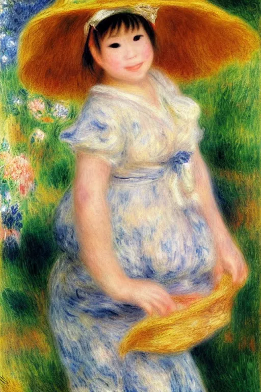 Image similar to a portrait of one Japanese cute baby girl smiling, under the sun, summer, happy, elegant, fantasy, art by Pierre-Auguste Renoir