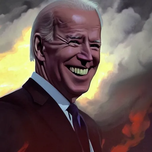 Image similar to joe biden smiling while behind him the world is burning, dramatic lighting, cinematic, establishing shot, extremly high detail, photorealistic, cinematic lighting, artstation, style by James Gurney