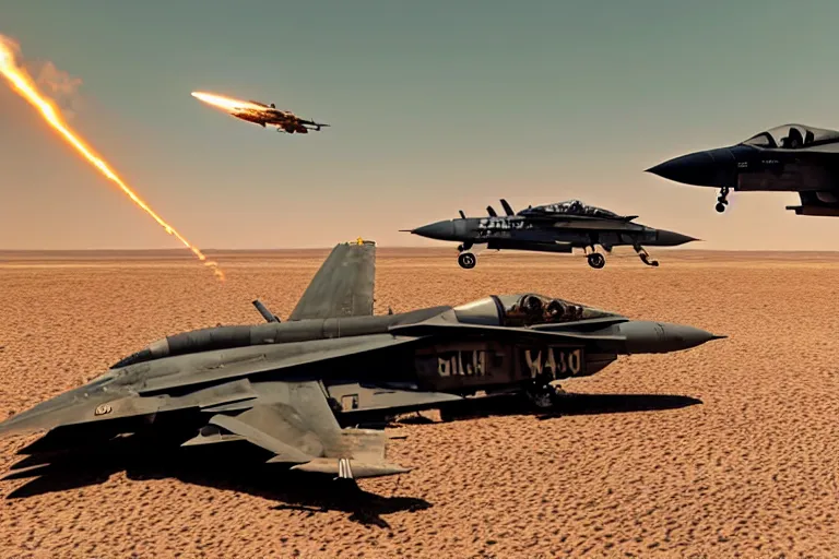 Image similar to a gritty hyperdetailed photorealistic f - 1 8 hornet ground attack aircraft shooting a missile at a small group of vehicles in the desert, volumemetric lighting, cinematic framing, cinematatic lighting, cinematic shadows, in the style of top gun maverick