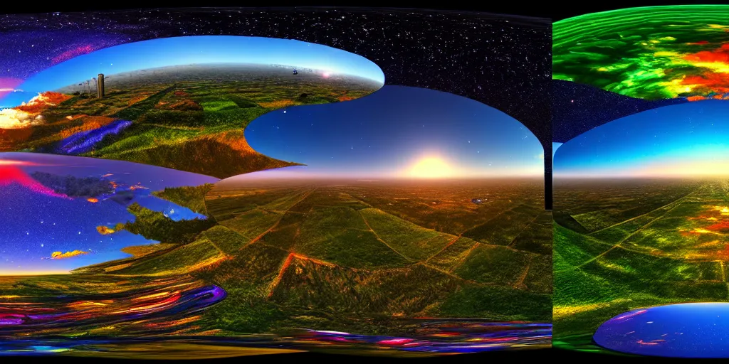 Image similar to equirectangular panorama landscape multiverse, trending on artstation, cinematic composition, beautiful lighting, hyper detailed, 8 k, oil on canvas