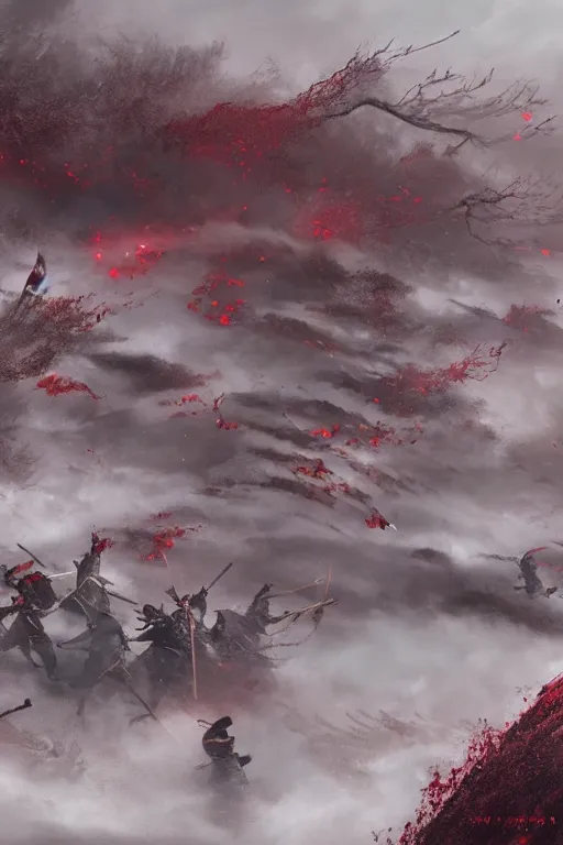 Prompt: bloodiest samurai battle in history. Sashimono. Greg rutkowski legendary matte painting.. 4k, particles light,