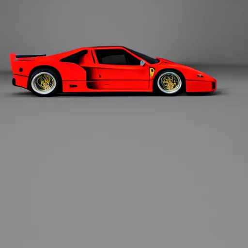 Prompt: wide shot of ferrari f 4 0 under studio lights