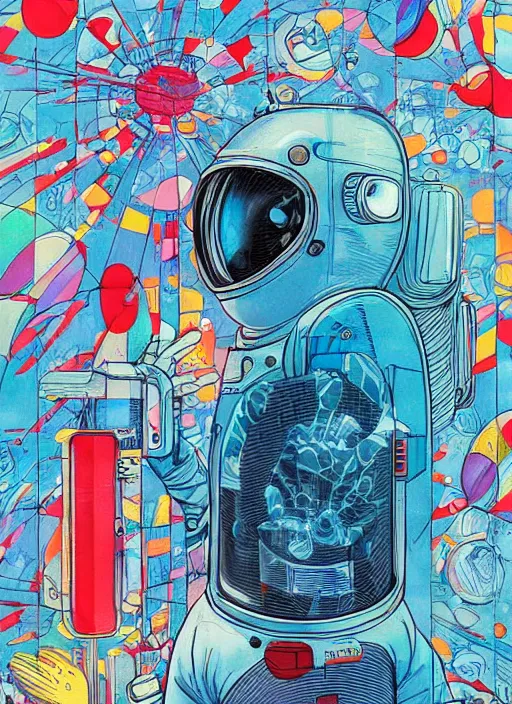 Image similar to seen through a window, futuristic astronaut floating in space, james jean artwork, colourful