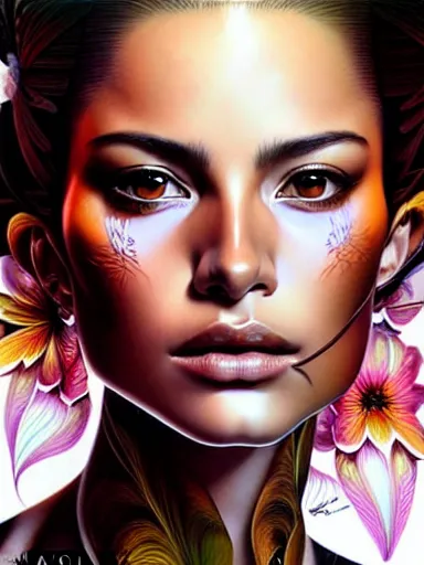 Prompt: a portrait of latina supermodel with a floral background by karol bak, artgerm, moebius, yoji shinkawa : : portrait, illustration, photorealism, hyperrealism