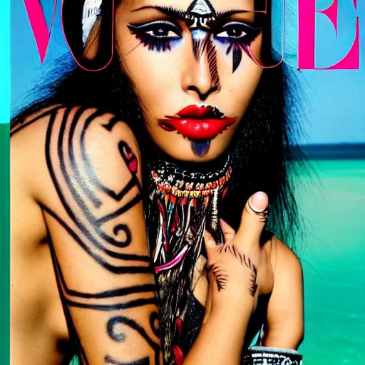 Prompt: a beautiful professional photograph by hamir sardar, herb ritts and ellen von unwerh for the cover of vogue magazine of a beautiful and unusually attractive native yanomami female fashion model with a face tattoo looking at the camera in a flirtatious way, leica 5 0 mm f 1. 8 lens