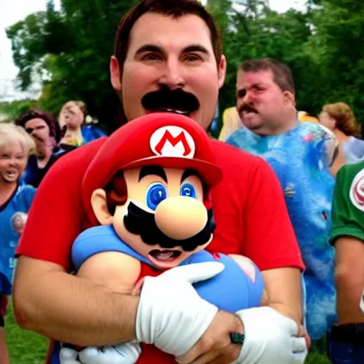 Image similar to a large super mario smiling while holding a screaming crying kid in his arms