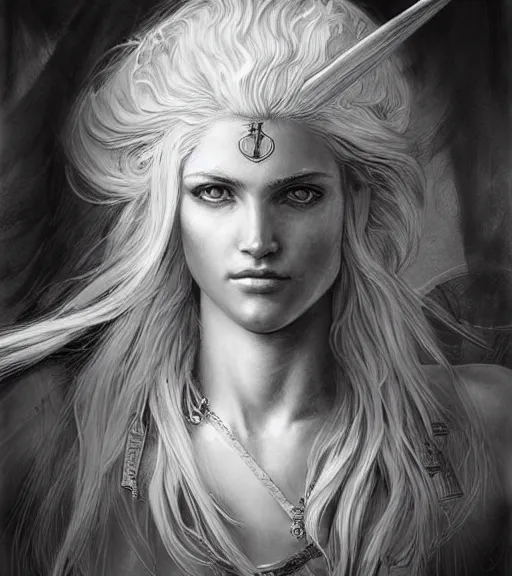 Image similar to medium shot of beautiful aphrodite goddess as an archer warrior, beautiful piercing eyes, flowing blonde hair, realistic face, black and white drawing, in the style of greg rutkowski, fantasy, amazing detail, epic, intricate, elegant, smooth, sharp focus