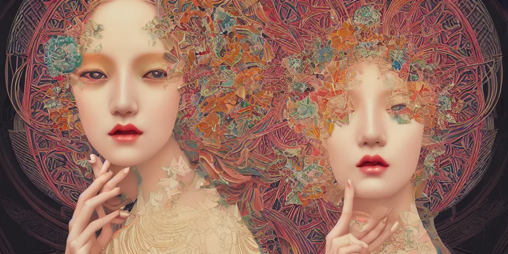 Prompt: breathtaking detailed concept art painting kaleidoscope art deco pattern of blonde faces goddesses by hsiao - ron cheng, amalgamation flowers, bizarre compositions, exquisite detail, extremely moody lighting, 8 k