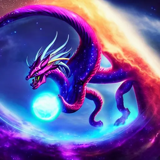 Prompt: aurelion sol dragon in the cosmos staring at the viewer ultra realistic photo