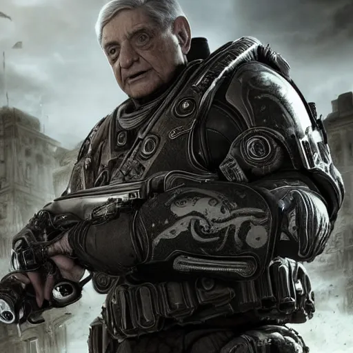 Image similar to george soros in gears of war, splash art, movie still, cinematic lighting, detailed face, dramatic, octane render, long lens, shallow depth of field, bokeh, anamorphic lens flare, 8 k, hyper detailed, 3 5 mm film grain