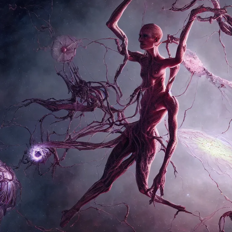 Image similar to still frame from Annihilation (2018) movie, dryad nymph sorceress flying through chaos nebula by wayne barlowe by caravaggio by giger by malczewski, 4k wallpaper