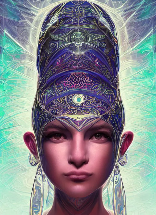 Image similar to portrait of a future metaverse ayahuasca tech shaman warrior, 2 d cartoon, visionary art, symmetric, magick symbols, holy halo, shipibo patterns, sci - fi, concept art, trending on art station, 8 k digital art, by mandy jurgens, fantasy portrait art, anime