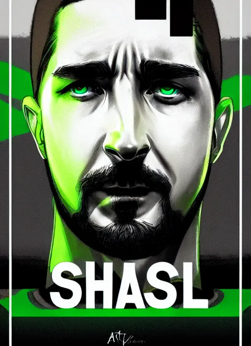 Image similar to highly detailed closeup portrait motivational poster of creepy staring shia lebouf with large bold letter motivational words by greg rutkowski, by artgerm, gradient green, black and white color scheme, grunge aesthetic!!! ( ( graffiti tag wall background ) )