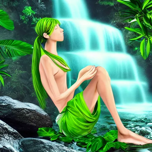 Image similar to a long green ponytail girl meditating on a rock in front of a waterfall, beautiful face, pretty face, digital art, hyper detailed, serene, jungle aesthetic