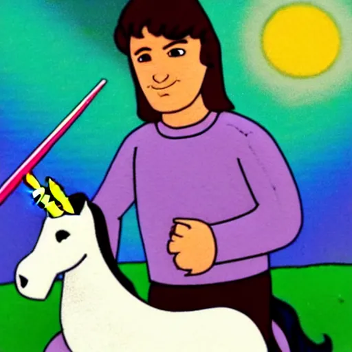 Image similar to wesley crusher riding a unicorn into battle