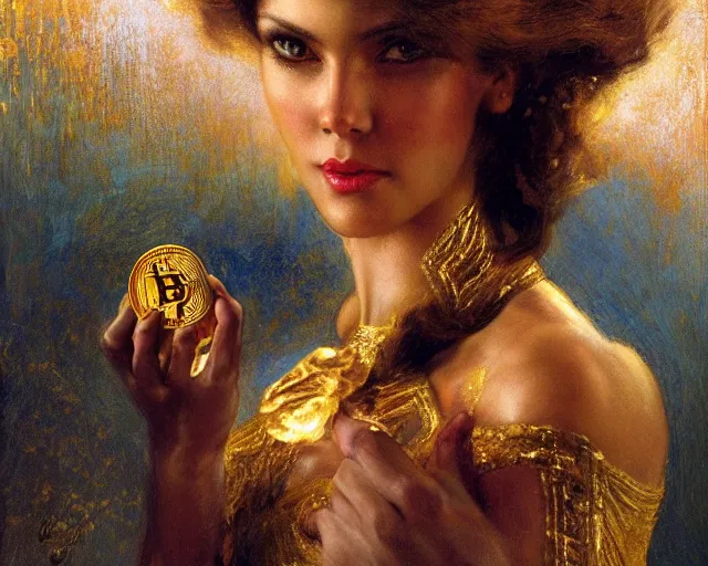 Prompt: attractive athletic woman magically holding a golden bitcoin, commercial by annie liebovitz, gaston bussiere, craig mullins, j. c. leyendecker