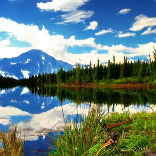 Image similar to a beautiful lake, mirror like reflection of a snow capped mountain in the backround, scenic, high detail, sunshine.