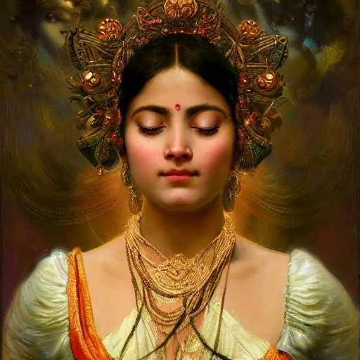 Prompt: detailed portrait of hindu traditional girl with high - tech vr headset in baroque painting, girl graceful, eyes closed, painting by gaston bussiere, craig mullins, j. c. leyendecker, lights, art by ernst haeckel, john william godward, hammershøi,,