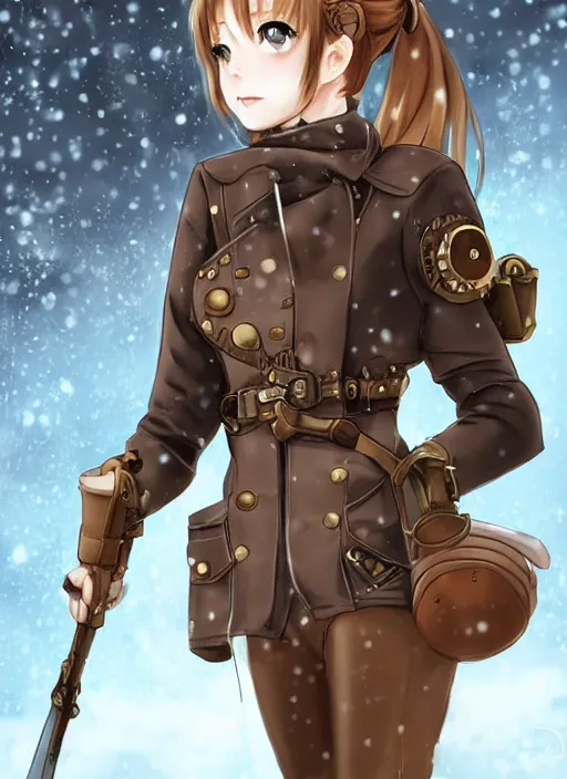 Image similar to girl with steampunk weapons and uniform, serious, intense, finely detailed, made by artgerm, full body portrait, illustration, snow, snowing, cloudy, anime, side view, perfect anime face, realistic face, zoomed out, smooth, brown eyes, high waisted shorts, sharp focus