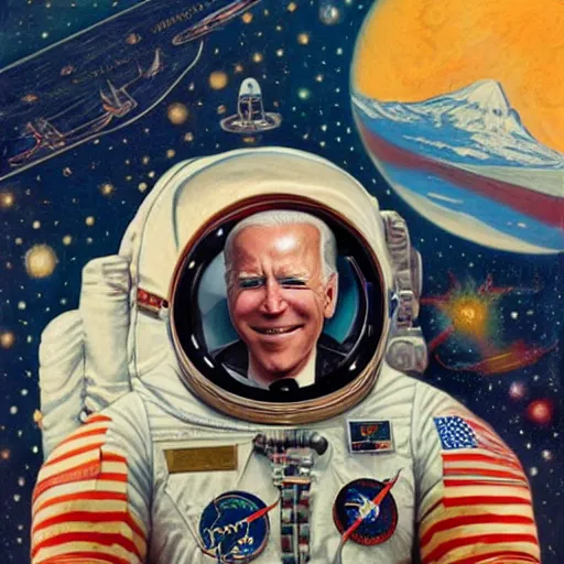 Prompt: surreal portrait of joe biden as psychedelic 1 9 2 0 s astronaut, by j. c. leyendecker, bosch, alex grey, jon mcnaughton, and beksinski