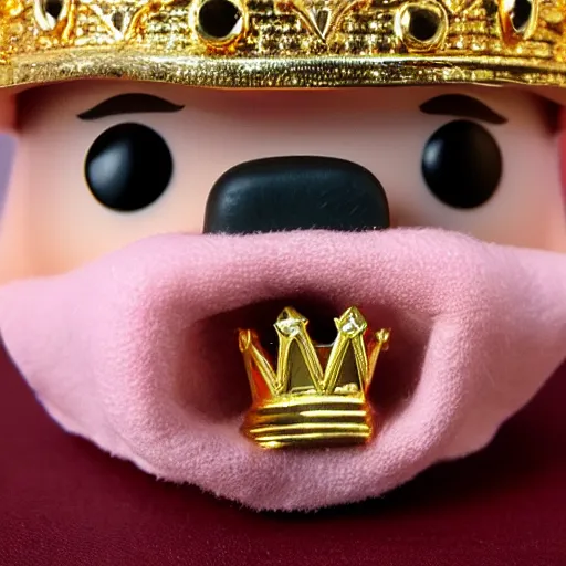 Image similar to A funko pop of a bag of a pig in a gold crown