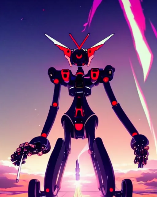 Image similar to anime illustration of black evangelion eva robot standing on an empty highway holding a steampunk guitar at night, cinematic lighting, evangelion anime poster, rebuild of evangelion 1 0 8 0 p, 9 0 s anime aesthetic, volumetric lights, rule of thirds, unreal engine render, pinterest wallpaper, trending on artstation