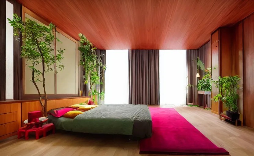 Image similar to a retro futuristic bedroom, chinese style, bright, feng shui, earth colors, wood, plants, cupboards, bed, curtains, minimalistic, art nouveau