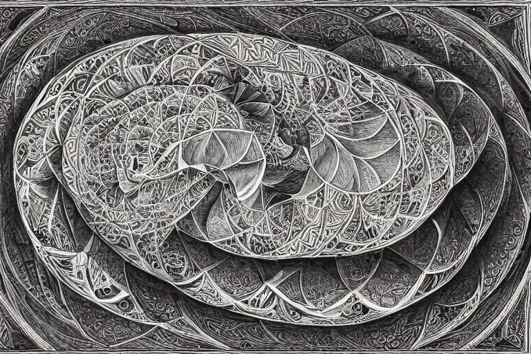 Image similar to an ornate illustration in the styles of mandalas and fractals, the styles of escher and penrose, depicting a weasel staring deep into the heart of the impossible all - and - nothing of the emerging singularity ; / what has god wrought? / he seems to be whispering.