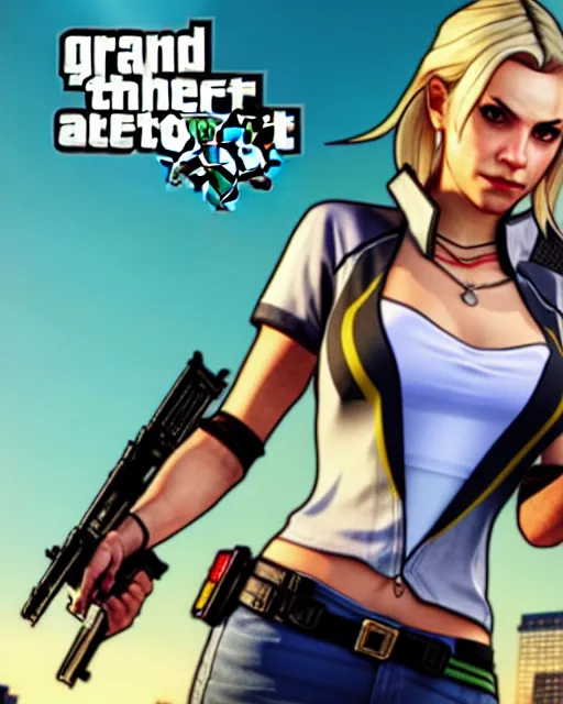 Image similar to gta 5, grand theft auto 5 cover art of mercy from overwatch