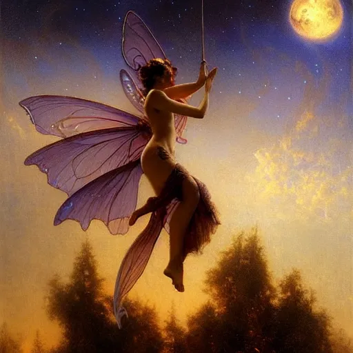 Image similar to attractive fairy magically floating high in the night, fantasy, full moon in background. highly detailed painting by gaston bussiere, craig mullins, j. c. leyendecker, sharp focus, 8 k