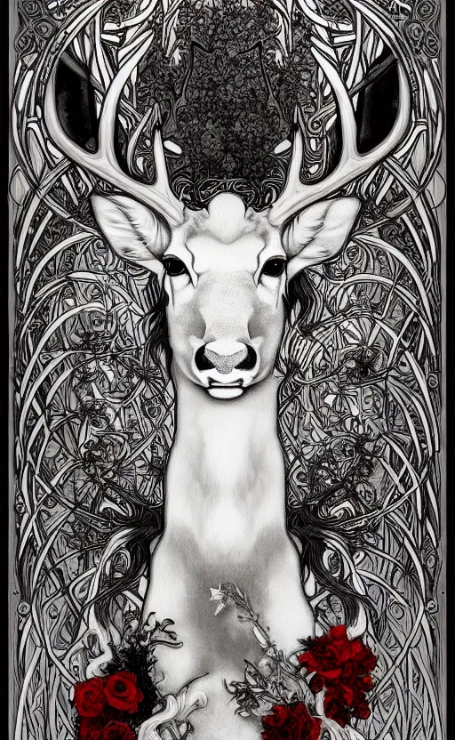 Image similar to black and white deer, with highly detailed with red flowers, long flowing mane and tail, ultra high detail, symmetry, in a hellscape, detail art style of alfons maria mucha, and peter mohrbacher atyles god lighting