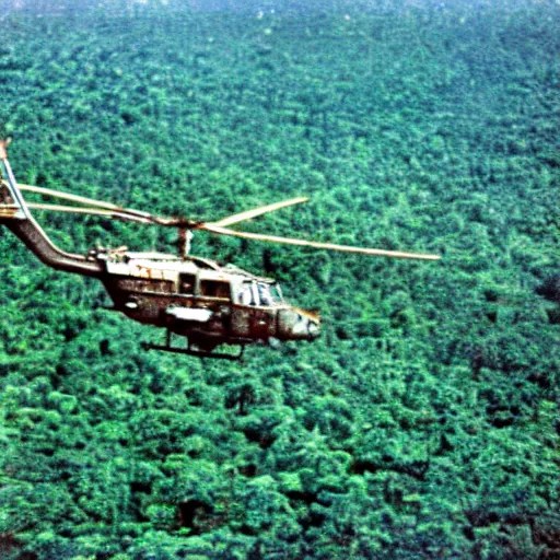 Image similar to american helicopter flying over the jungles of vietnam 1 9 7 0 s, 8 k detail