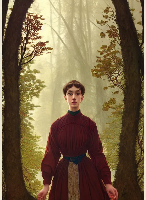 Image similar to symmetry portrait of welsh brunette student in mans tunic, embroidery, tomboy, short hair, intricate forest background, intricate, elegant, highly detailed, digital painting, artstation, concept art, smooth, sharp focus, illustration, art by artgerm and greg rutkowski and fra angelico and alphons mucha