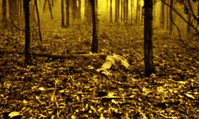 Image similar to corpse looking at camera in forest at night, 70s photo, out of focus, motion blur, cctv footage, horror movie, horror lighting, blair witch project, old photo