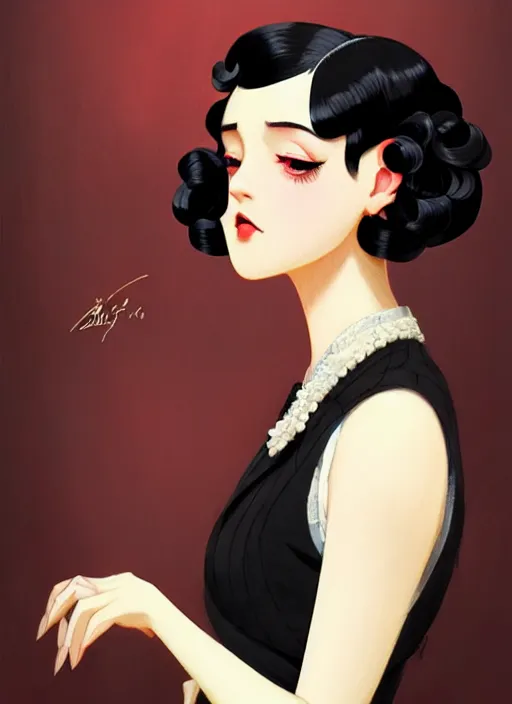 Image similar to a beautiful girl with black hair in 1920's fashion, ballroom background, intricate, highly detailed, digital painting, artstation, official media, anime key visual, concept art, rich vivid colors, ambient lighting, sharp focus, illustration, art by Artgerm, Makoto Shinkai, Ilya Kuvshinov, Lois Van Baarle, and Rossdraws