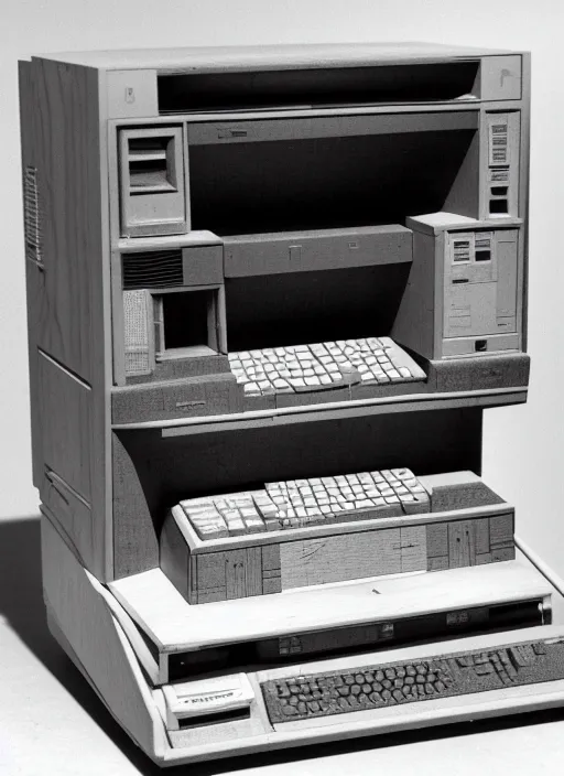 Image similar to realistic photo of a scientific model of perfect computer made of wood, front view, 1 9 9 0, life magazine reportage photo, metropolitan museum photo