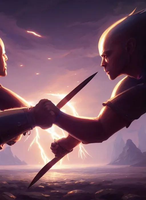 Image similar to highly detailed portrait of fist bump in front of swords, lightning in background, video game cover art,, unreal engine, fantasy art by greg rutkowski, loish, rhads, makoto shinkai and lois van baarle, ilya kuvshinov, rossdraws, tom bagshaw, global illumination, radiant light, detailed and intricate environment