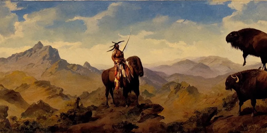 Image similar to native american riding bison, buffalo, native american warrior, mountain range, beautiful sky, standing on the edge of a cliff, 1 9 th century, painted by frazetta